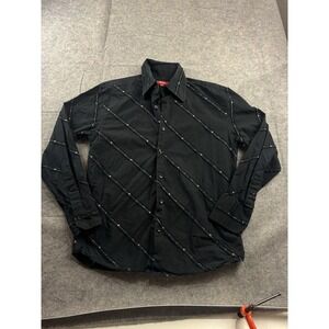 Report Collection Mens M Black Embroidered Preppy Button Down Long Sleeve Shirt